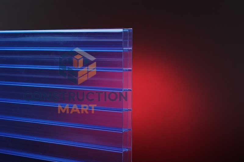 Blue 12mm triple wall polycarbonate sheet displayed on red background for color and layer demonstration