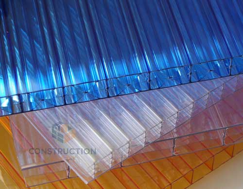 Blue 12mm X-type polycarbonate sheet showing diagonal X-shaped rib design for strength and light diffusion