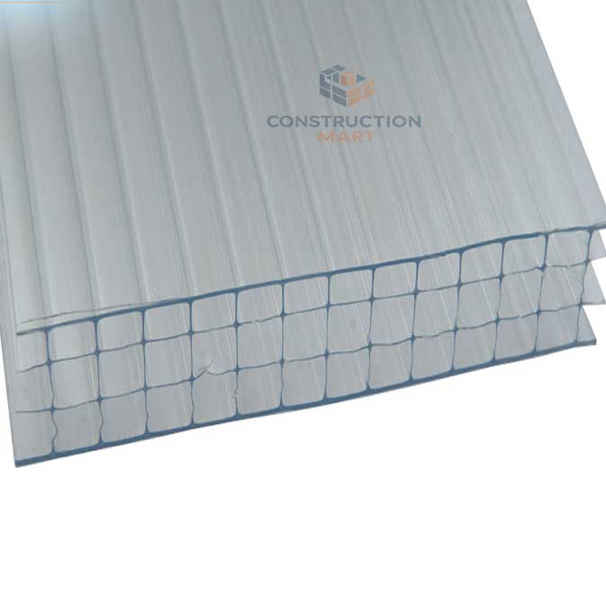 Transparent 16mm four wall polycarbonate sheet showing visible UV protection coating for outdoor roofing