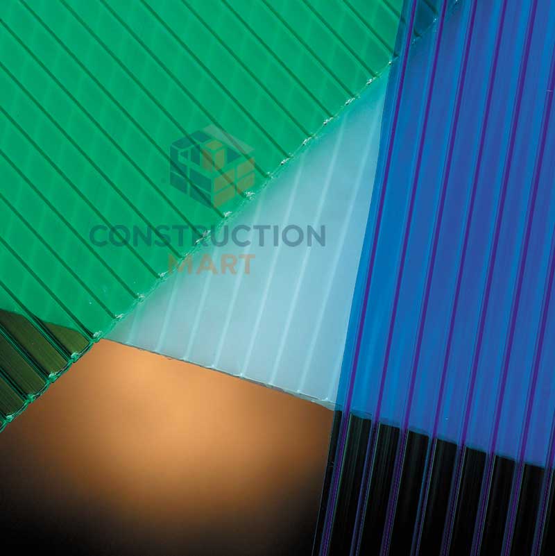 Assorted 4mm twin-wall polycarbonate sheets in green, white, and blue, ideal for greenhouse, awning, and skylight applications