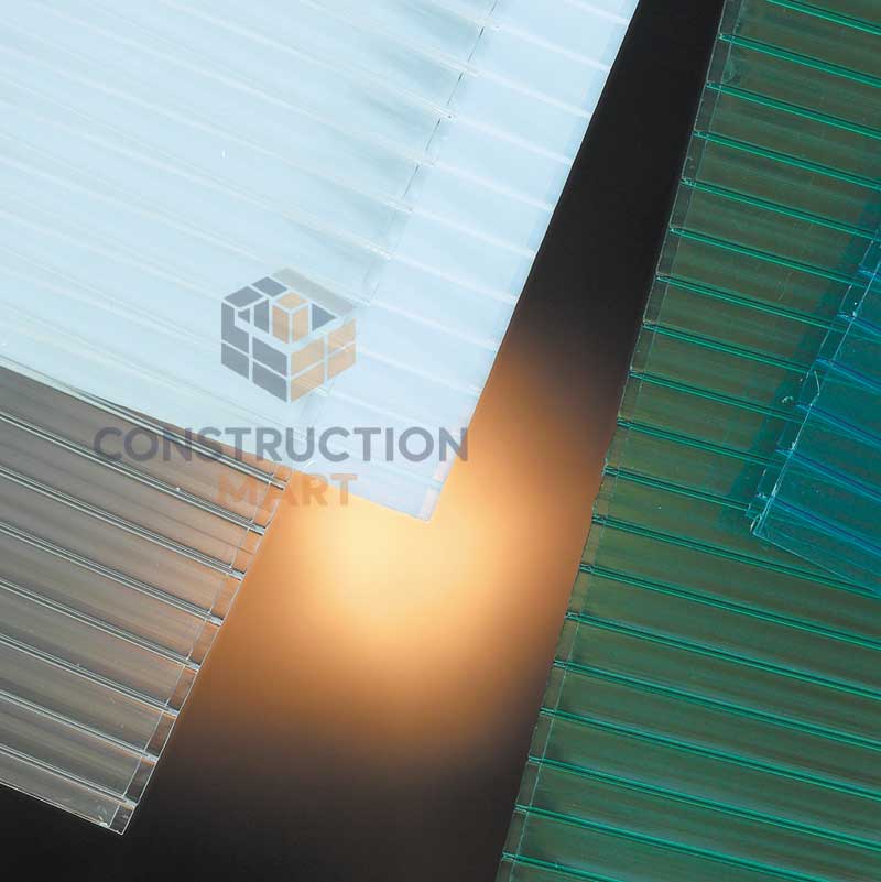 A set of 6mm twin-wall polycarbonate hollow sheets in white, clear, green, and blue colors, offering excellent light transmission and insulation