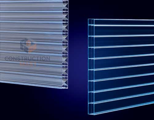 Transparent 8mm X-type polycarbonate sheet compared with triple wall sheet showing internal cross structure design