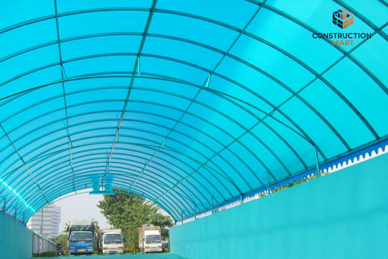 Underground garage passage project with blue polycarbonate roofing panels from Constructionmart