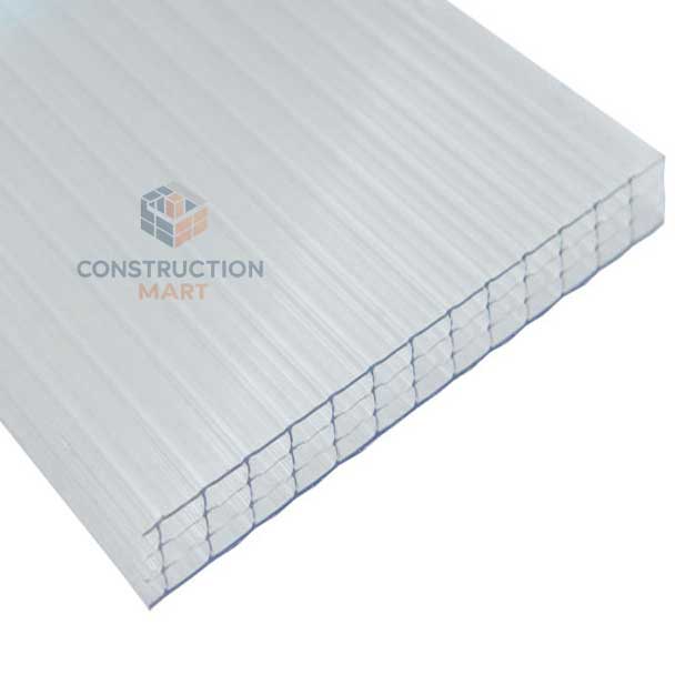 Multi-layered four-layer crystal polycarbonate sheet by Constructionmart installed on a commercial roofing system, providing durability and aesthetic appeal.