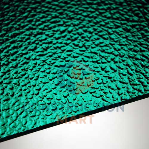 Green raindrop-patterned polycarbonate sheet from Constructionmart photographed from the back side, showing its smooth surface and unique textured pattern for architectural glazing.
