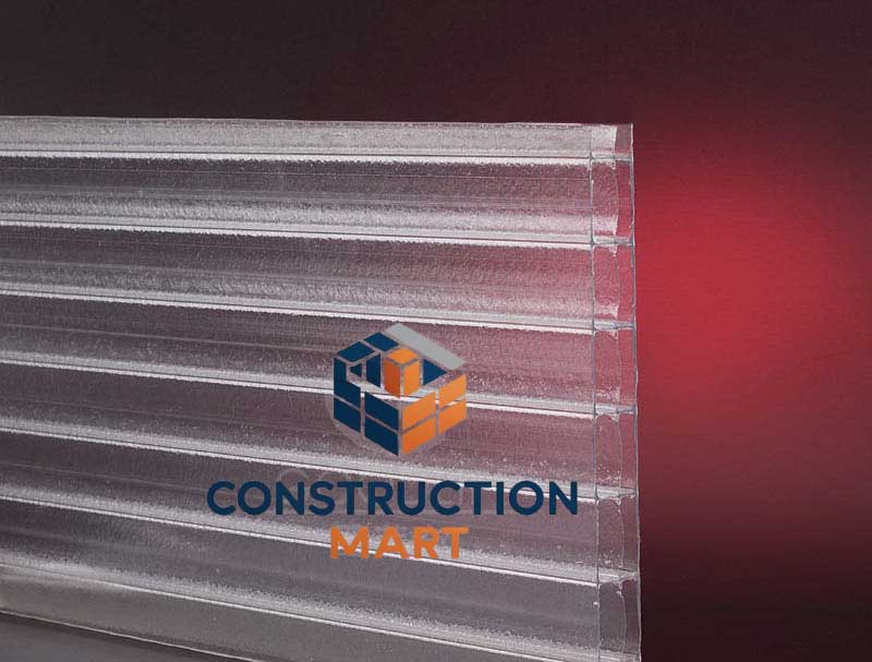 Three-layer gold crystal polycarbonate sheet by Constructionmart on a red background, demonstrating multi-layer options for enhanced brightness