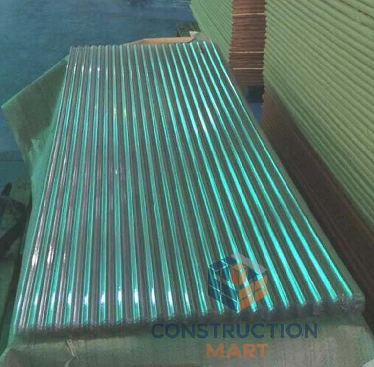 Stacked round corrugated polycarbonate sheets freshly produced by Constructionmart, showing multiple panels stored in the warehouse.