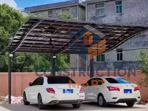 Curved polycarbonate carport canopy with two cars parked underneath, suitable for residential or commercial parking