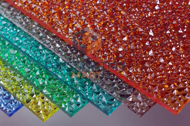 A collection of colorful diamond-pattern embossed polycarbonate sheets with sparkling textures, showing a decorative surface design suitable for roofing and partitions