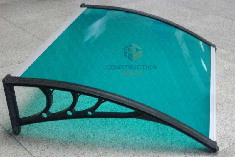 Small green polycarbonate awning with embossed surface, showcasing modern canopy design for outdoor use