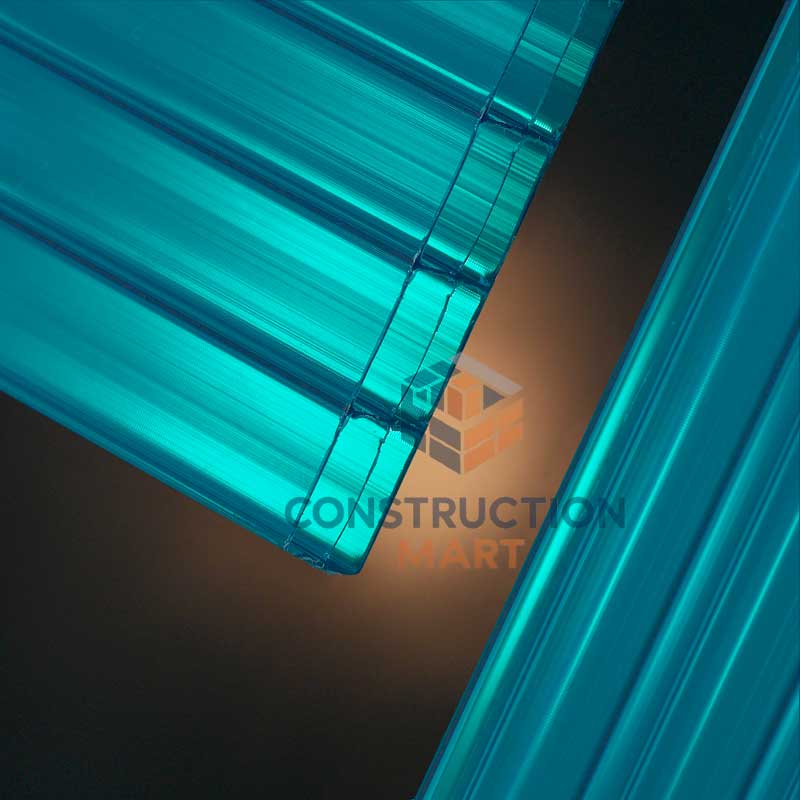 Two green triple wall polycarbonate sheets combined in one image showing structure and color options