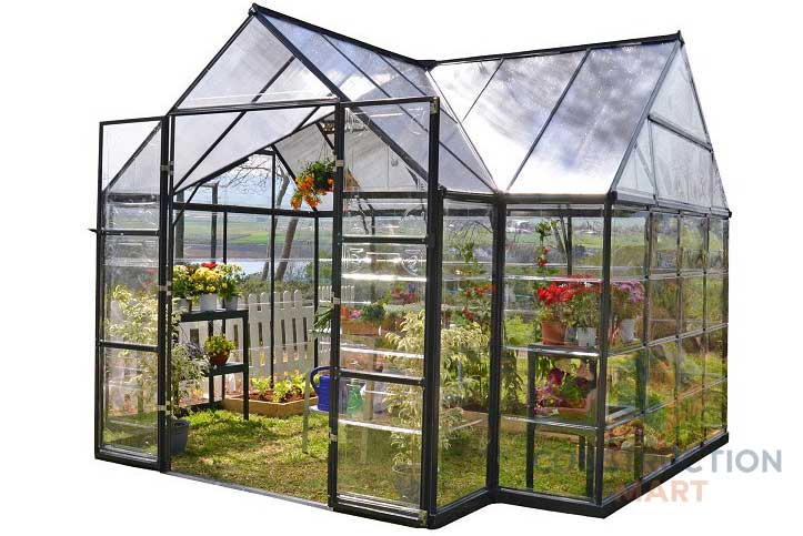 A modern greenhouse garden room displayed on a white background, ideal for backyard or patio installation