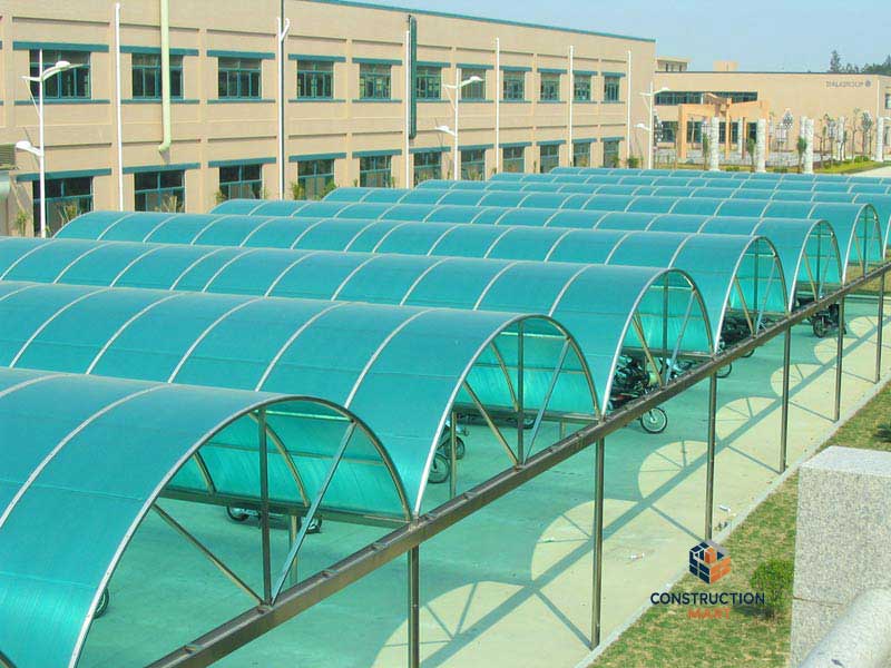 Engineering drawing of a blue polycarbonate canopy used in bike parking area, showing Constructionmart polycarbonate roofing solution