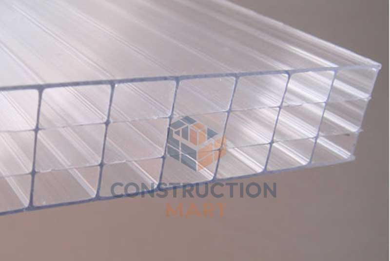 Clear four-layer polycarbonate sheet designed for superior strength, light diffusion, and energy-saving performance