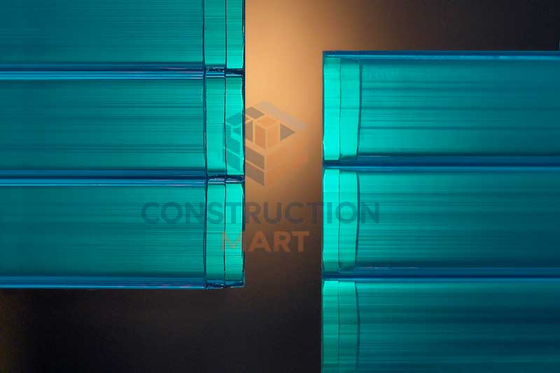Blue triple-wall polycarbonate sheet demonstrating enhanced insulation performance and modern appearance