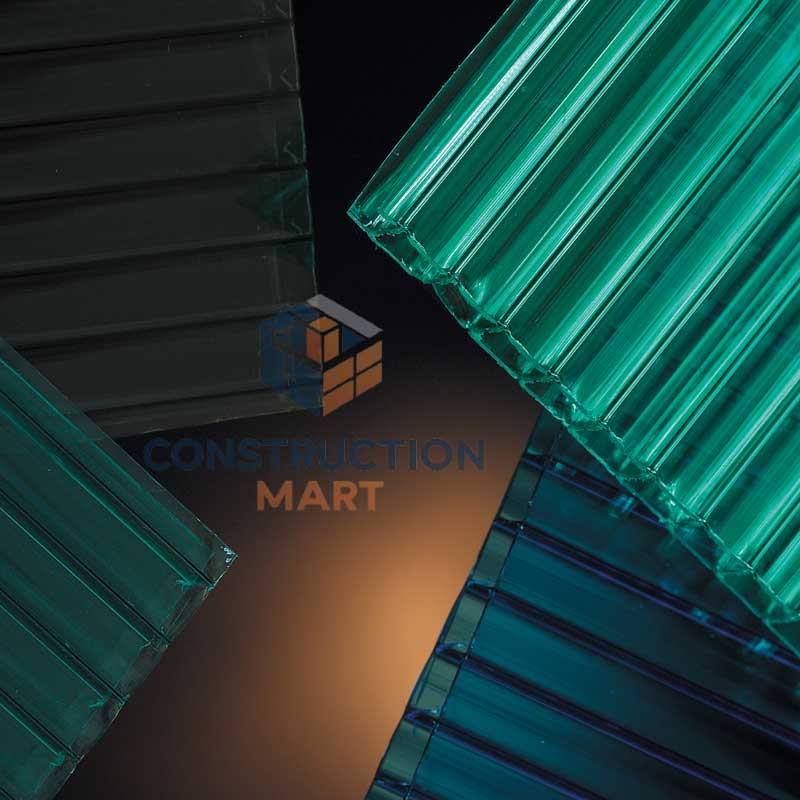 A collection of twin-wall polycarbonate hollow sheets in various colors, showcasing their strength, lightweight design, and modern appearance