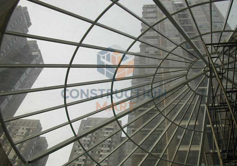 Close-up of a skylight roof made with twin-wall polycarbonate sheets, allowing natural light to enter while maintaining energy efficiency